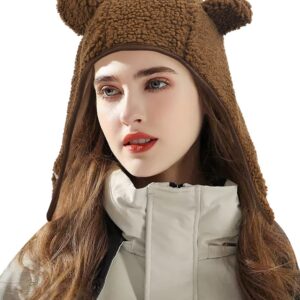 DOCILA Brown Bear Hat Women Ear Warmer Winter Hats Lightweight Lamb Fleece Beanie Hats Cold Weather Plush Earflap Skull Caps