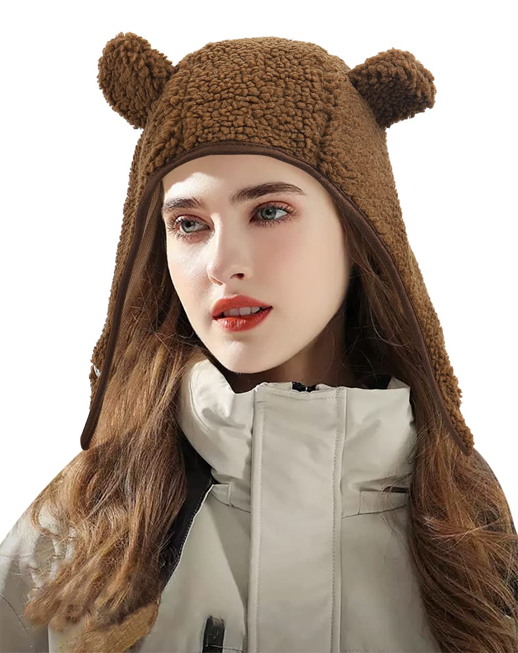 DOCILA Brown Bear Hat Women Ear Warmer Winter Hats Lightweight Lamb Fleece Beanie Hats Cold Weather Plush Earflap Skull Caps