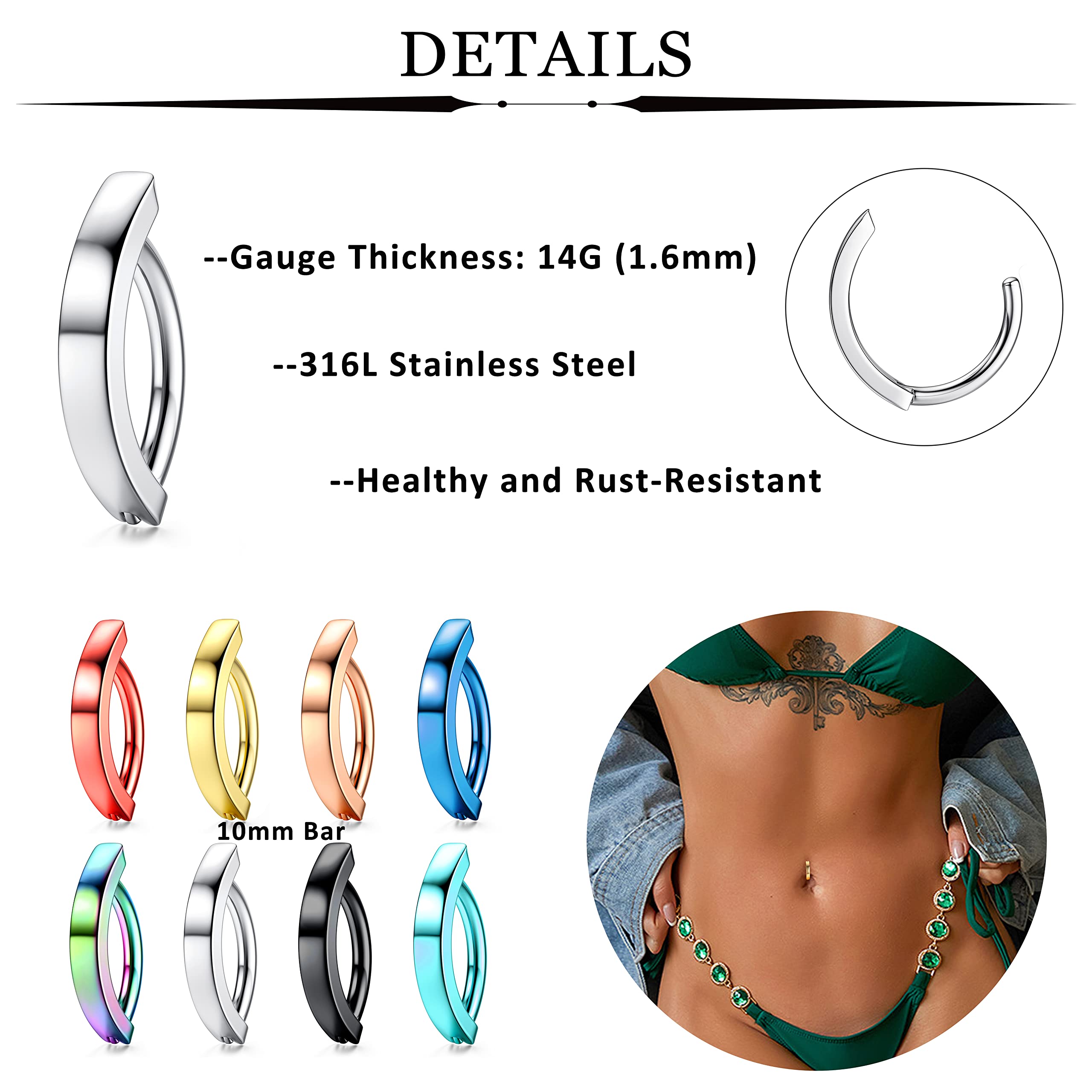 JOERICA 14G Clicker Belly Button Rings for Women Men Curved Barbell Navel Piercing Jewelry Stainless Steel Hoop Belly Button Rings Rivet Reverse Curved Navel Barbell Body Jewelry 10mm