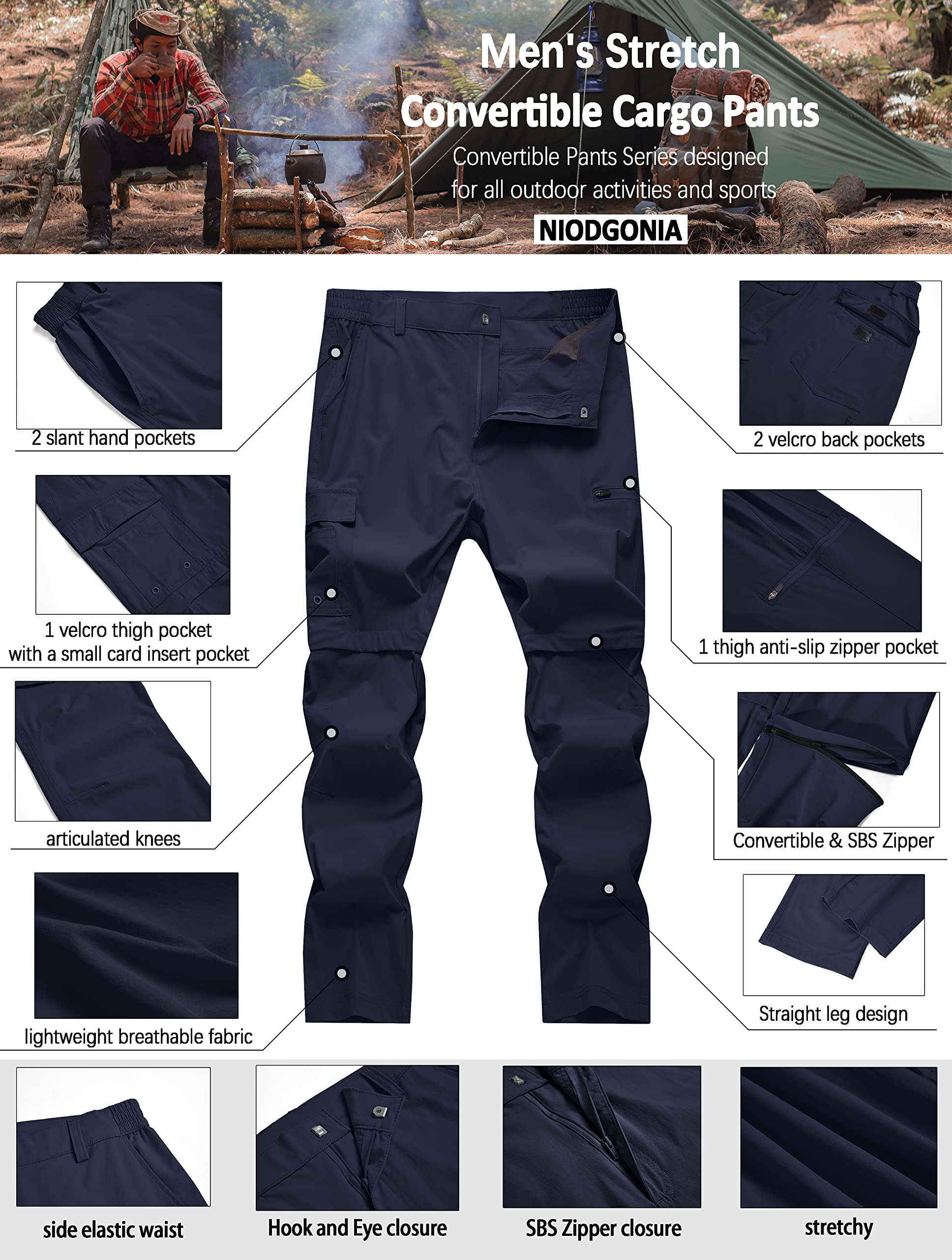 Mens Hiking Convertible Pants Waterproof Lightweight Quick Dry Zip Off Fishing Travel Safari Outdoor Cargo Work Trekking Trousers Navy 36