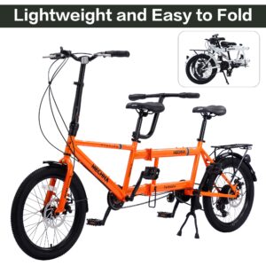 petolovty Tandem Bike - City Tandem Folding Bicycle, Foldable Tandem Adult Beach Cruiser Bike Adjustable 7 Speeds, 2-seater, CE FCC CCC (Orange)