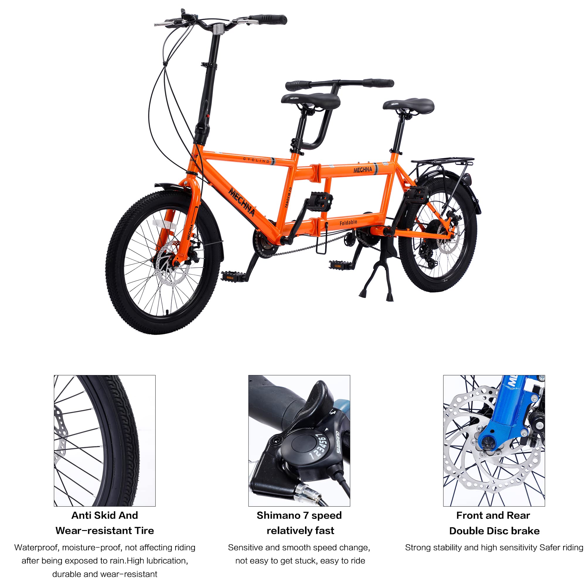 petolovty Tandem Bike - City Tandem Folding Bicycle, Foldable Tandem Adult Beach Cruiser Bike Adjustable 7 Speeds, 2-seater, CE FCC CCC (Orange)