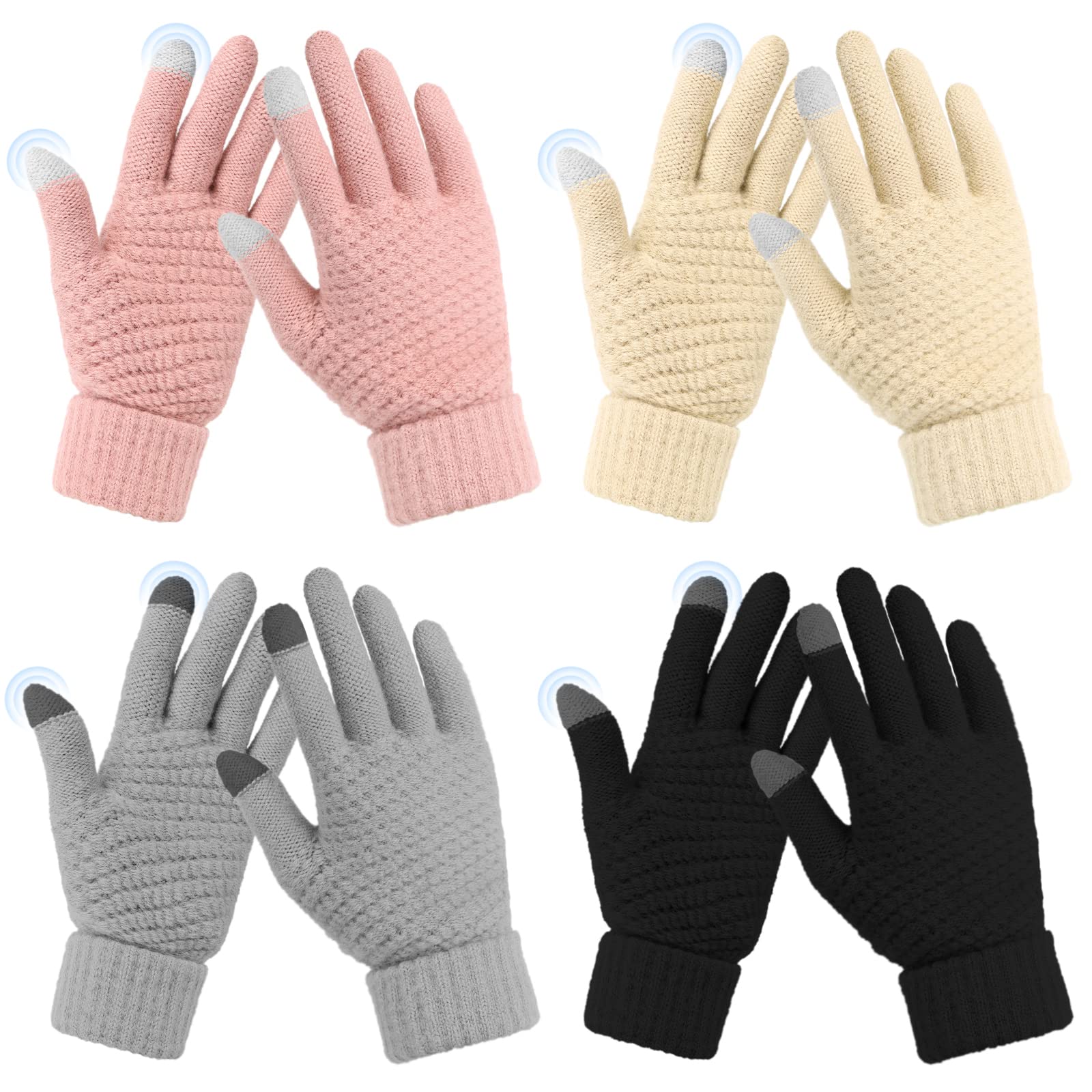 Omisy 4 Pairs Womens Gloves for Cold Weather, Christmas Gifts for Her Mom Wife Stockings Stuffers, Winter Warm Gloves with Touchscreen - Black, Grey, Beige, Pink