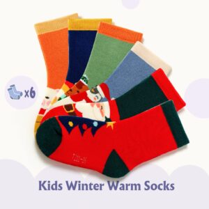 Qterdiz Toddler Boys Winter Socks Kids Warm Socks Thick Cartoon Thermal Crew Socks for Boys Christmas 6 Pack 4-6 Years