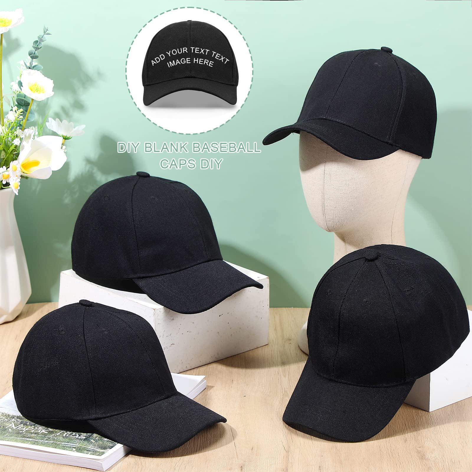 72 Pcs Plain Baseball Caps Bulk Blank Dad Hat Adjustable Back Strap Caps Unisex Solid Color Golf Hat for Men Women Sports (Black)