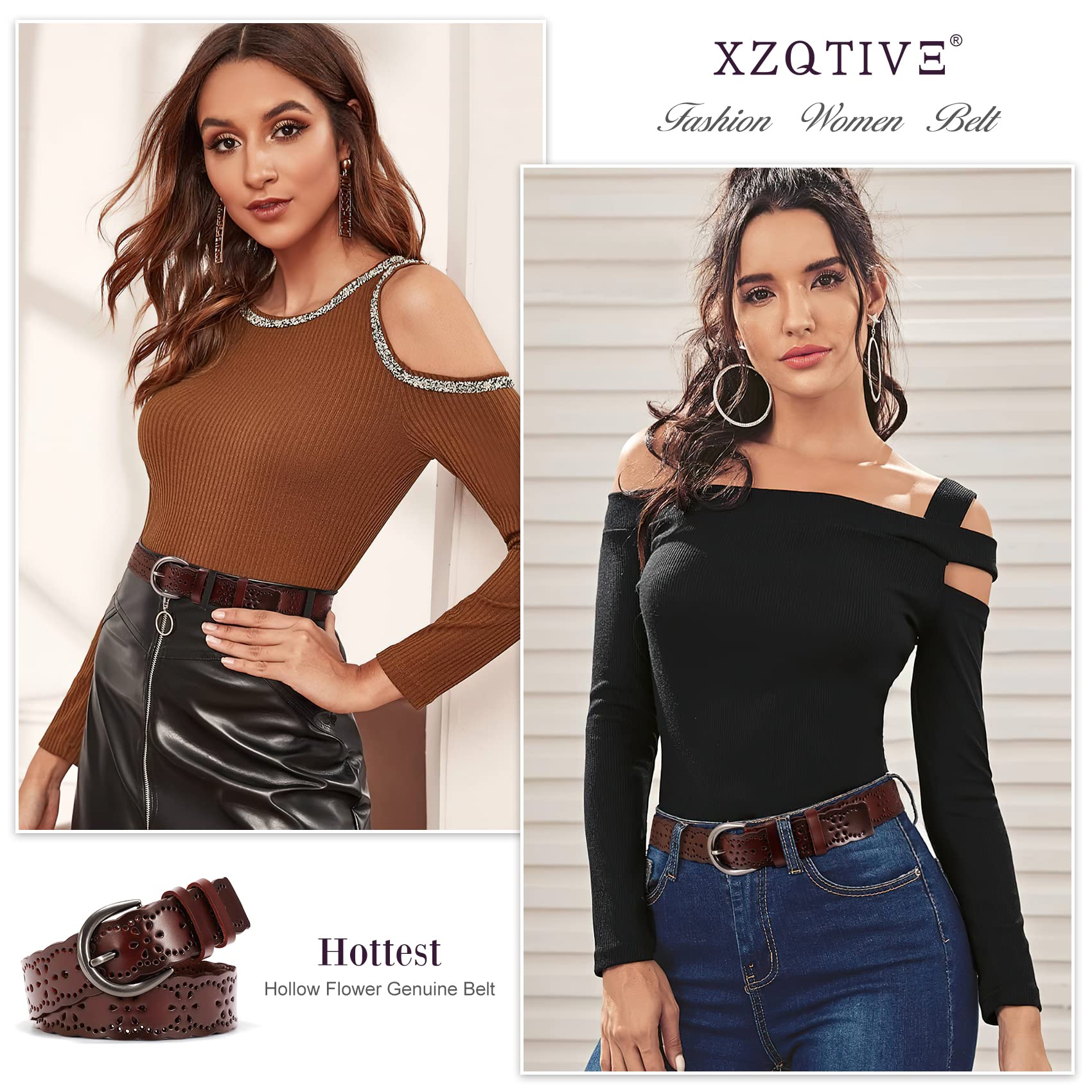 XZQTIVE Women Plus Size Leather Belt for Jeans Dresses Pants Hollow Flower Waist Belts with Solid Pin Buckle