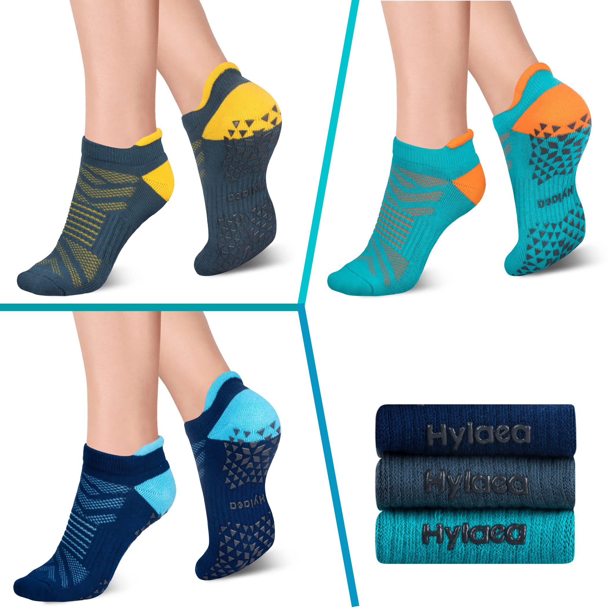 Hylaea Womens & Mens Non Slip Gripper Socks with Cushion for Yoga Pilates Barre Home Hospital Socks Dark Blue Green Small Medium