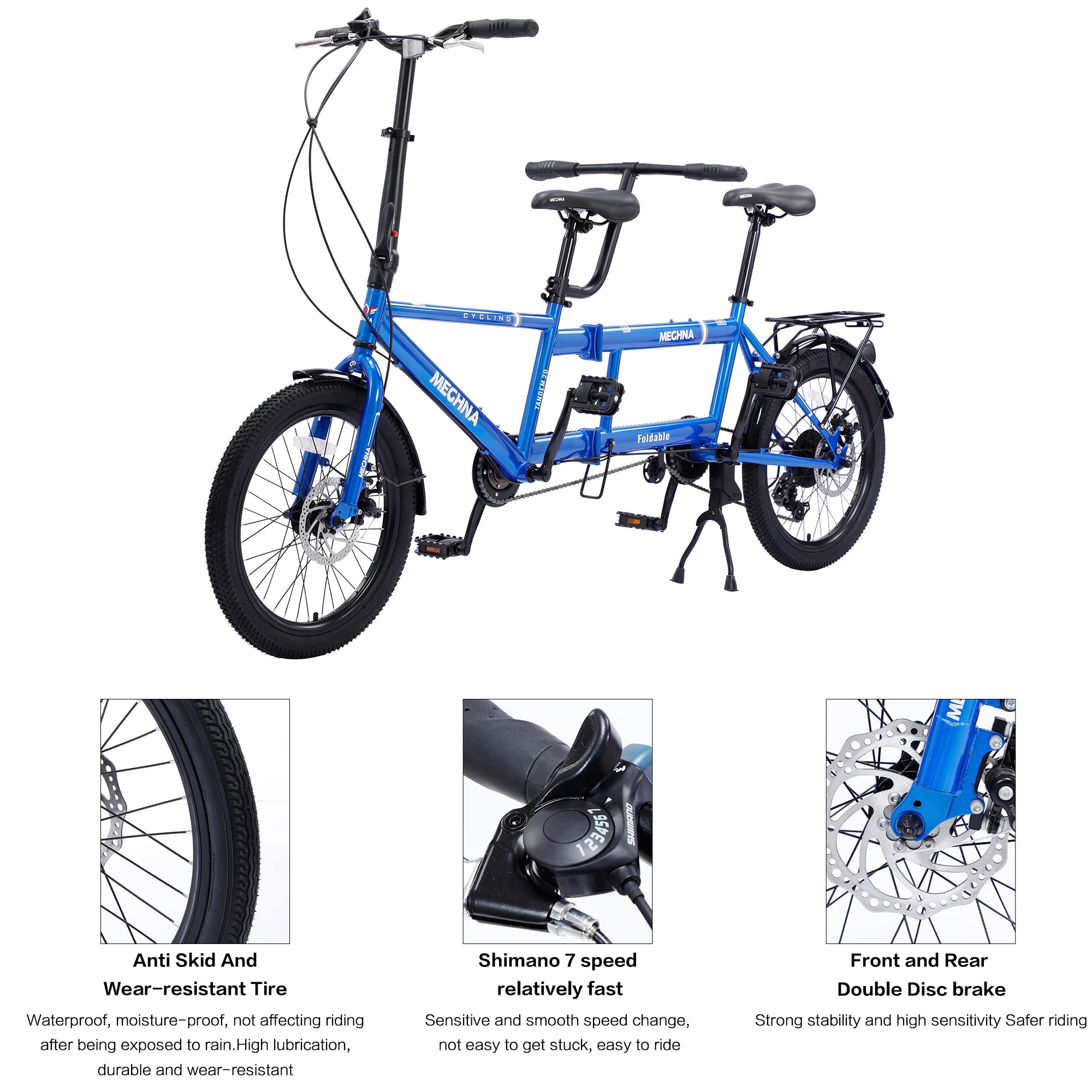 petolovty Tandem Bike - City Tandem Folding Bicycle, Foldable Tandem Adult Beach Cruiser Bike Adjustable 7 Speeds, 2-Seater, CE FCC CCC (Blue)