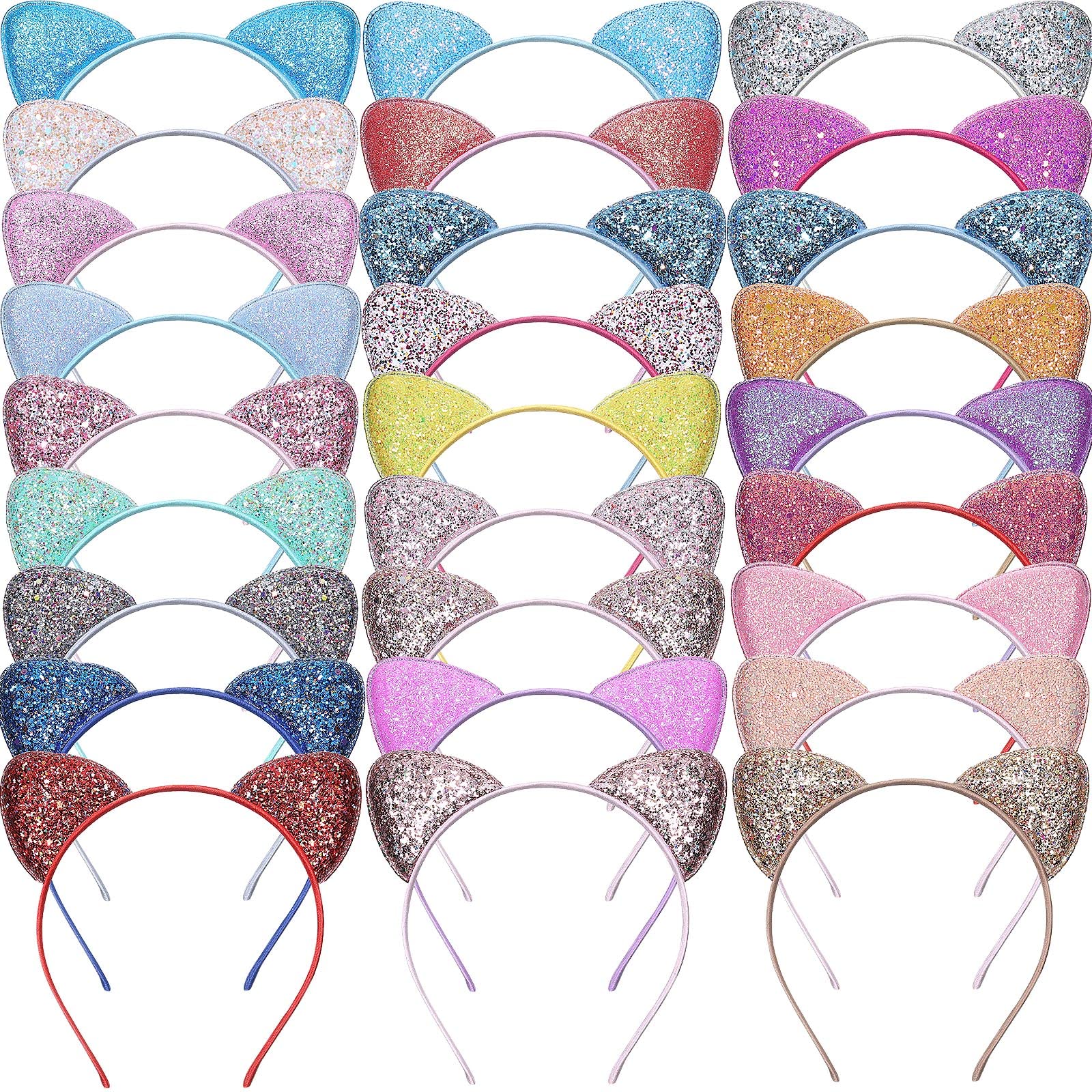 Janinka 30 Pcs Cat Ears Headband for Girls Glitter Sequin Cat Hairbands Shiny Kitty Headband Hair Metal Hoop Hair Accessories for Women Girls Daily Wearing Birthday Party Decoration