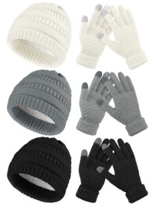 kuttor 6 pieces winter knitted beanie hats gloves set warm cozy skull ski cap touchscreen knitted gloves for women