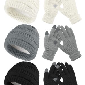 KUTTOR 6 Pieces Winter Knitted Beanie Hats Gloves Set Warm Cozy Skull Ski Cap Touchscreen Knitted Gloves for Women