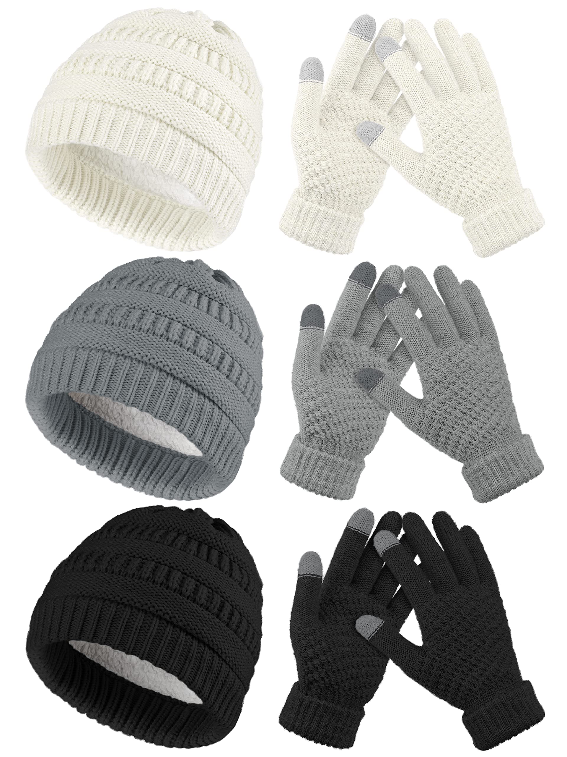 KUTTOR 6 Pieces Winter Knitted Beanie Hats Gloves Set Warm Cozy Skull Ski Cap Touchscreen Knitted Gloves for Women