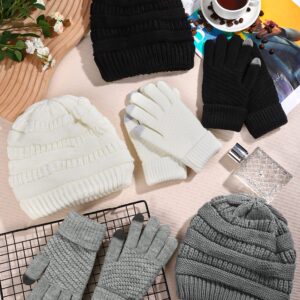 KUTTOR 6 Pieces Winter Knitted Beanie Hats Gloves Set Warm Cozy Skull Ski Cap Touchscreen Knitted Gloves for Women