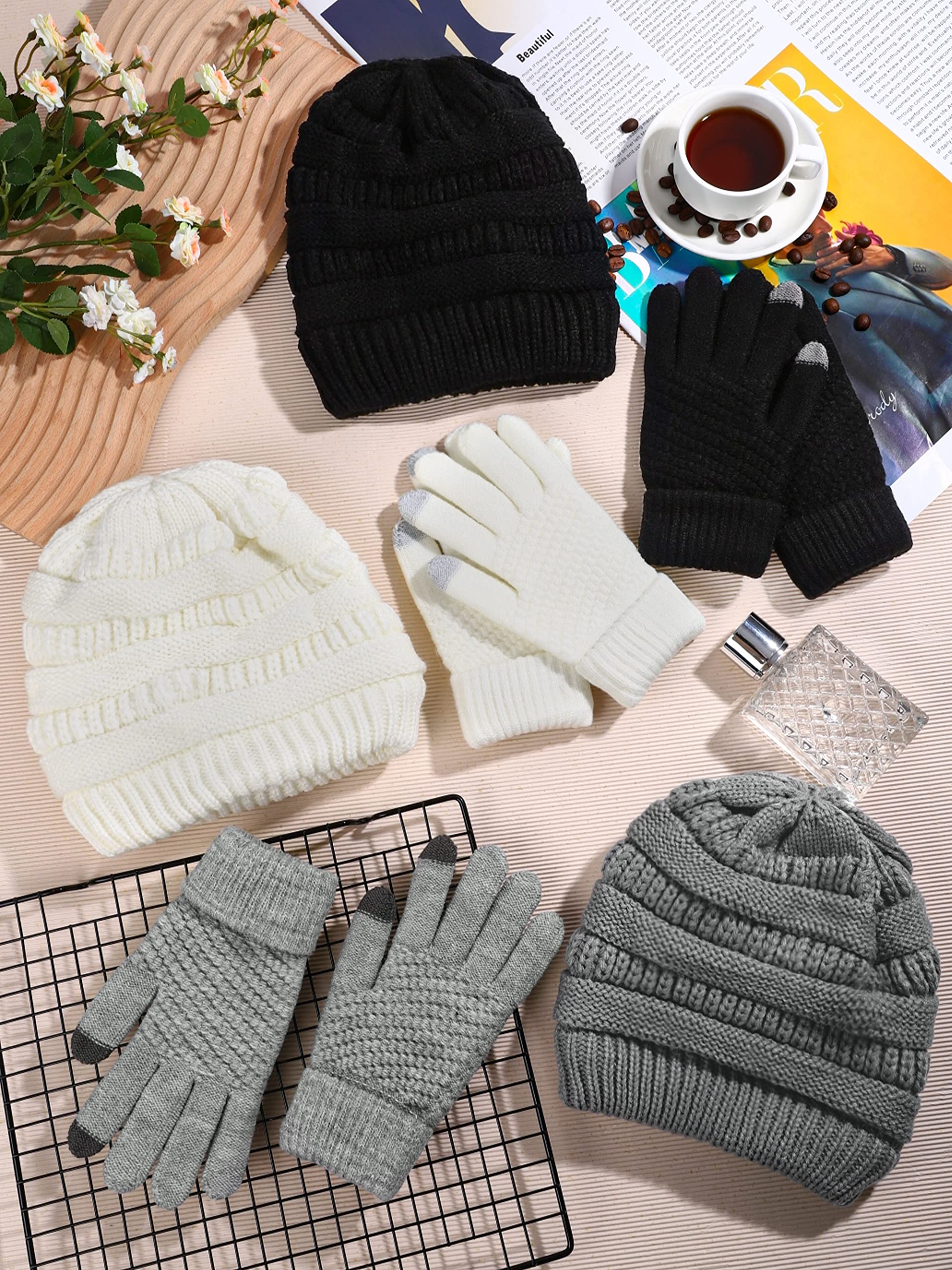 KUTTOR 6 Pieces Winter Knitted Beanie Hats Gloves Set Warm Cozy Skull Ski Cap Touchscreen Knitted Gloves for Women