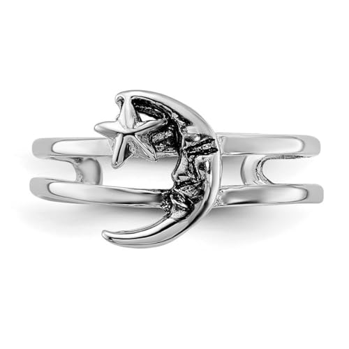 925 Sterling Silver Rhodium Plated Oxidized Celestial Moon and Star Toe Ring Jewelry for Women