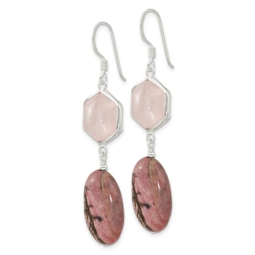 925 Sterling Silver Rose Quartz and Rhodonite Shepherd Hook Earrings Measures 58.5x15mm Wide Jewelry for Women