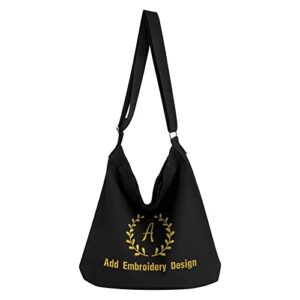 Muka Custom Embroidered Hobo Bag, Black Canvas Shoulder Bag Crossbody Bag with Logo Text