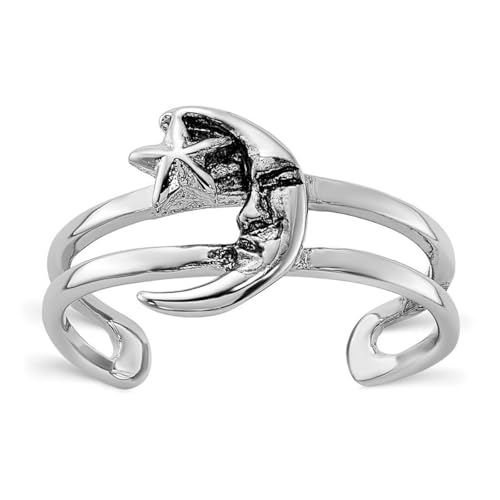 925 Sterling Silver Rhodium Plated Oxidized Celestial Moon and Star Toe Ring Jewelry for Women