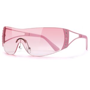 DQbhzh Y2K Glasses 2000s Sunglasses Cool Glasses Rimless Y2K Sunglasses for Women Men Trendy Shield Wrap Around Sunglasses (Pink Frame - Pink Lens)