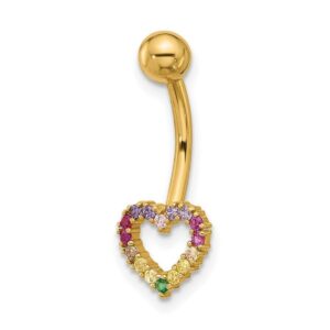 14k gold 14 gauge polished rainbow cz cubic zirconia simulated diamond love heart belly navel ring measures 23.5mm long jewelry for women