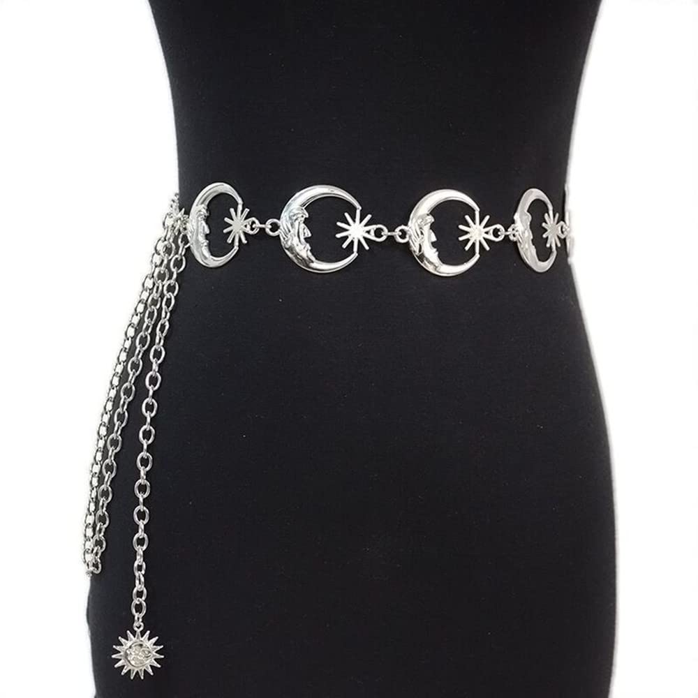 Chain Belt for Women Metal Western Waist Belts Moon Star Metal Boho Decorated Skinny Waist Chain Belt Sun Pendant Belly Body Chains Jewelry-Silver