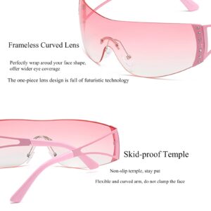 DQbhzh Y2K Glasses 2000s Sunglasses Cool Glasses Rimless Y2K Sunglasses for Women Men Trendy Shield Wrap Around Sunglasses (Pink Frame - Pink Lens)