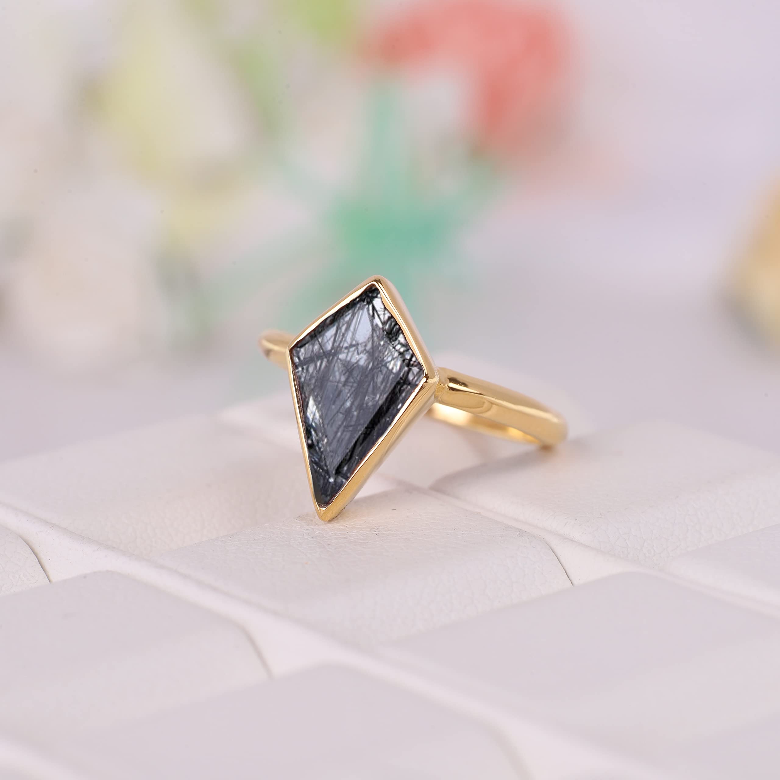 Kite Black Rutile Women Wedding Ring Yellow Gold Plated Women Solitaire Ring Bezel Set Bridal Ring Bridesmaid Jewelry Gift For Wife BY KANISHKA GEMS JEWELS