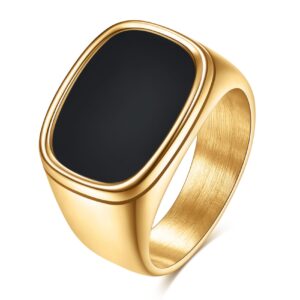 VQYSKO Gold Signet Ring for Man Women,14k Gold Plated Stainless Steel Dome Chunky Statement Ring,Comfort Fit,Size 6 to 12 (Gold+Black, 7)