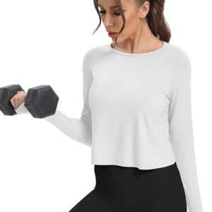 Bestisun Long Sleeve Workout Shirts Yoga Dance Top Split Back Gym Tennis Sports Exercise Training Shirt Women Stretch Fitness Crop Tops White M