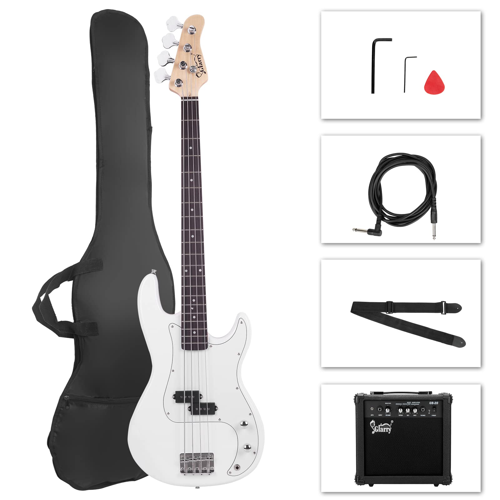 GLARRY Full Size Electric Bass Guitar with 20W AMP, 4 String Beginner Starter Kit with Accessories including Cable, Strap, Bag for Kids and Adults (White)