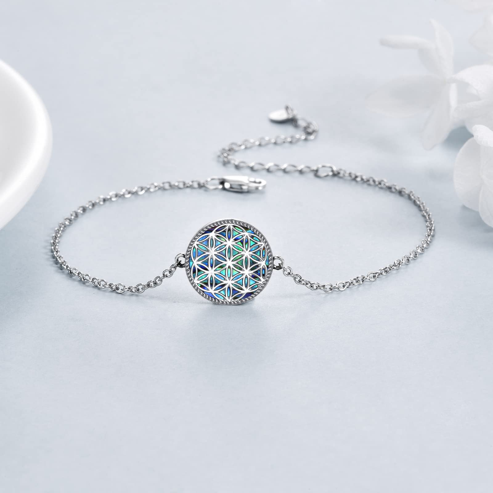 YAFEINI Flower of Life Bracelet 925 Sterling Silver Flower of Life Bracelet Abalone Shell Flower of Life Jewelry for Women Jewelry Gifts