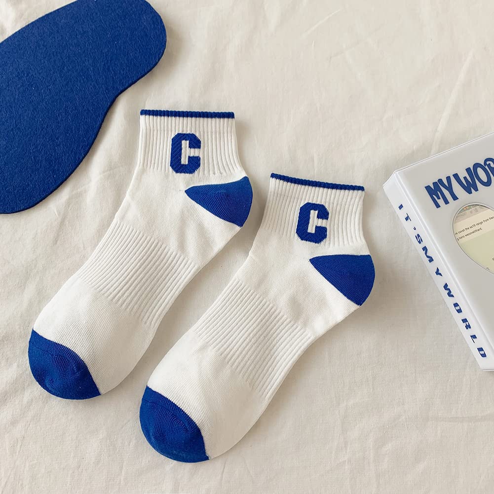 Xhonp 5 Pairs Cute Big C Letter Crew Socks Checkerboard Socks Striped Socks for Women Socks (Short-Length Blue)