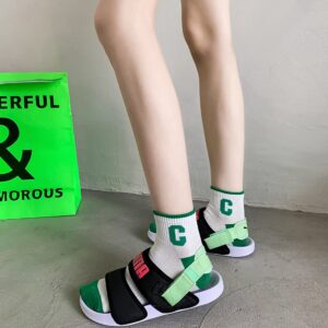 Xhonp 5 Pairs Cute Big C Letter Crew Socks Checkerboard Socks Striped Socks for Women Socks (Short-Length Green)