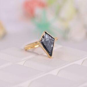 Kite Black Rutile Women Wedding Ring Yellow Gold Plated Women Solitaire Ring Bezel Set Bridal Ring Bridesmaid Jewelry Gift For Wife BY KANISHKA GEMS JEWELS