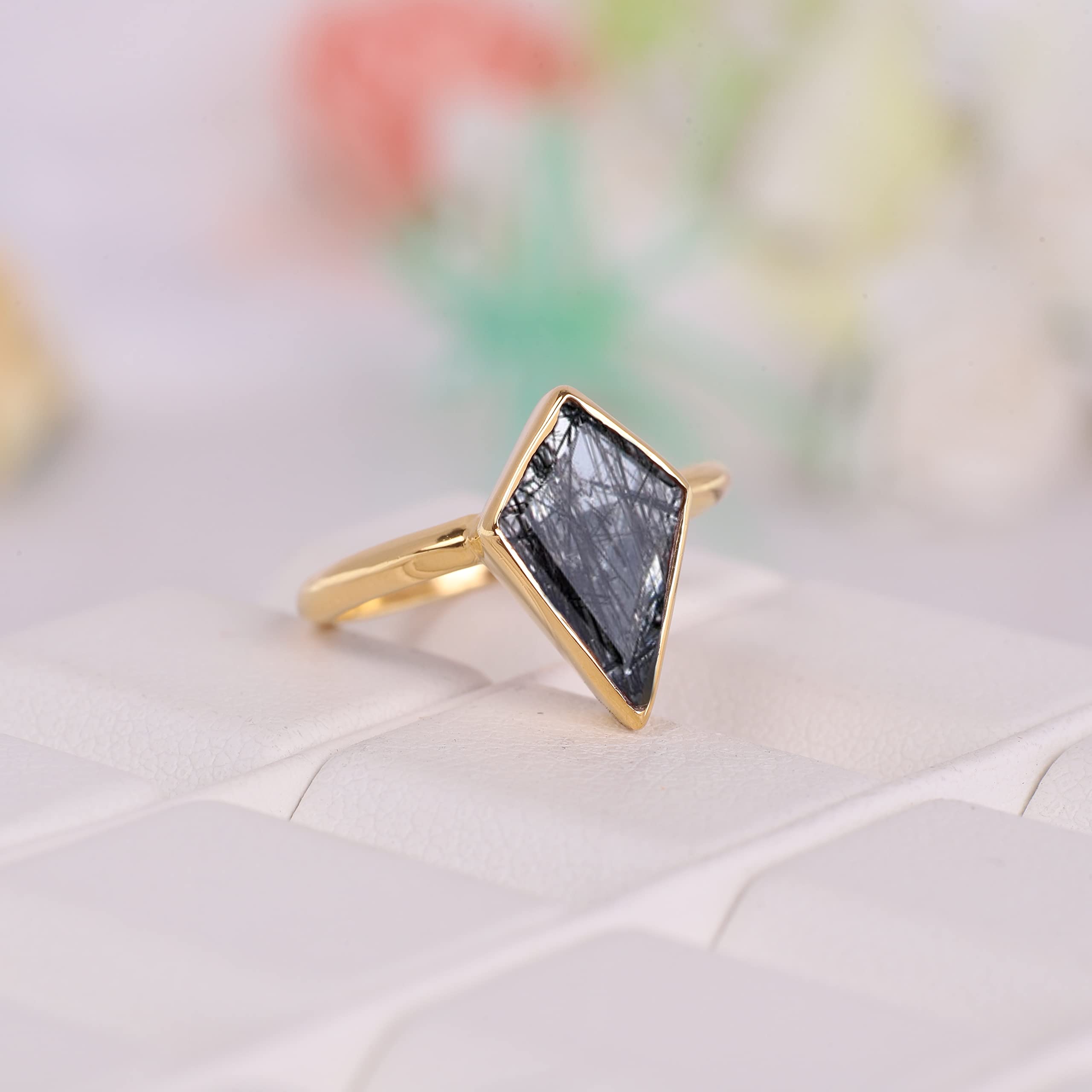 Kite Black Rutile Women Wedding Ring Yellow Gold Plated Women Solitaire Ring Bezel Set Bridal Ring Bridesmaid Jewelry Gift For Wife BY KANISHKA GEMS JEWELS