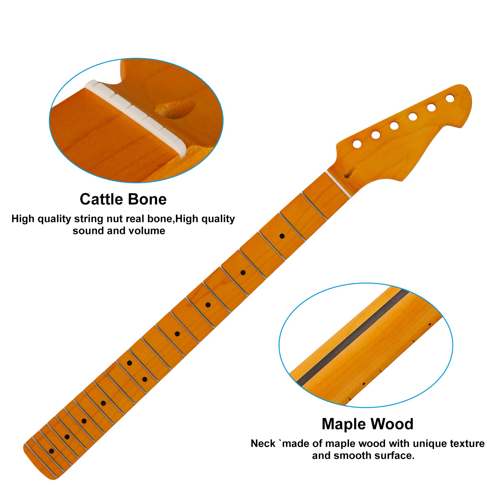 22fret Yellowish Matte Electric Guitar Neck ST Canadian Maple Electric Guitar Neck, Cow Bone Nut 9.5inch