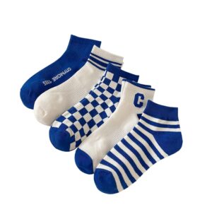 Xhonp 5 Pairs Cute Big C Letter Crew Socks Checkerboard Socks Striped Socks for Women Socks (Short-Length Blue)