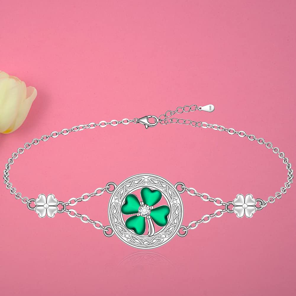 Four Leaf Clover Bracelet for Women St Patricks Day Shamrock Bracelets Sterling Silver Celtic Knot Irish Green Clover Jewelry Charm Lucky Gifts