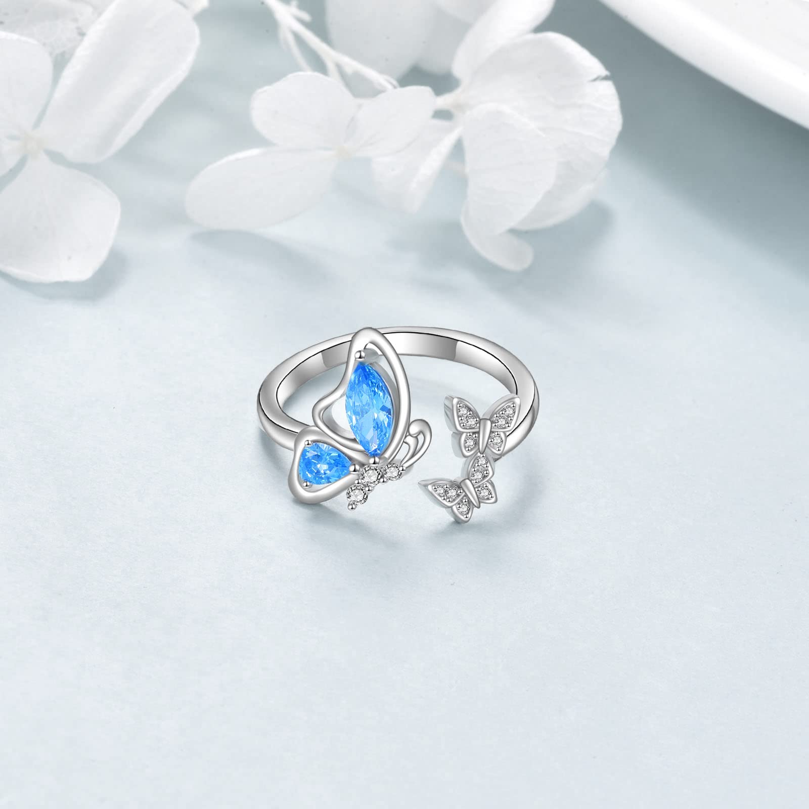 VONALA Butterfly Ring 925 Sterling Silver Blue Butterfly Open Ring Stackable Adjustable Ring Butterfly Jewelry Gift for Women