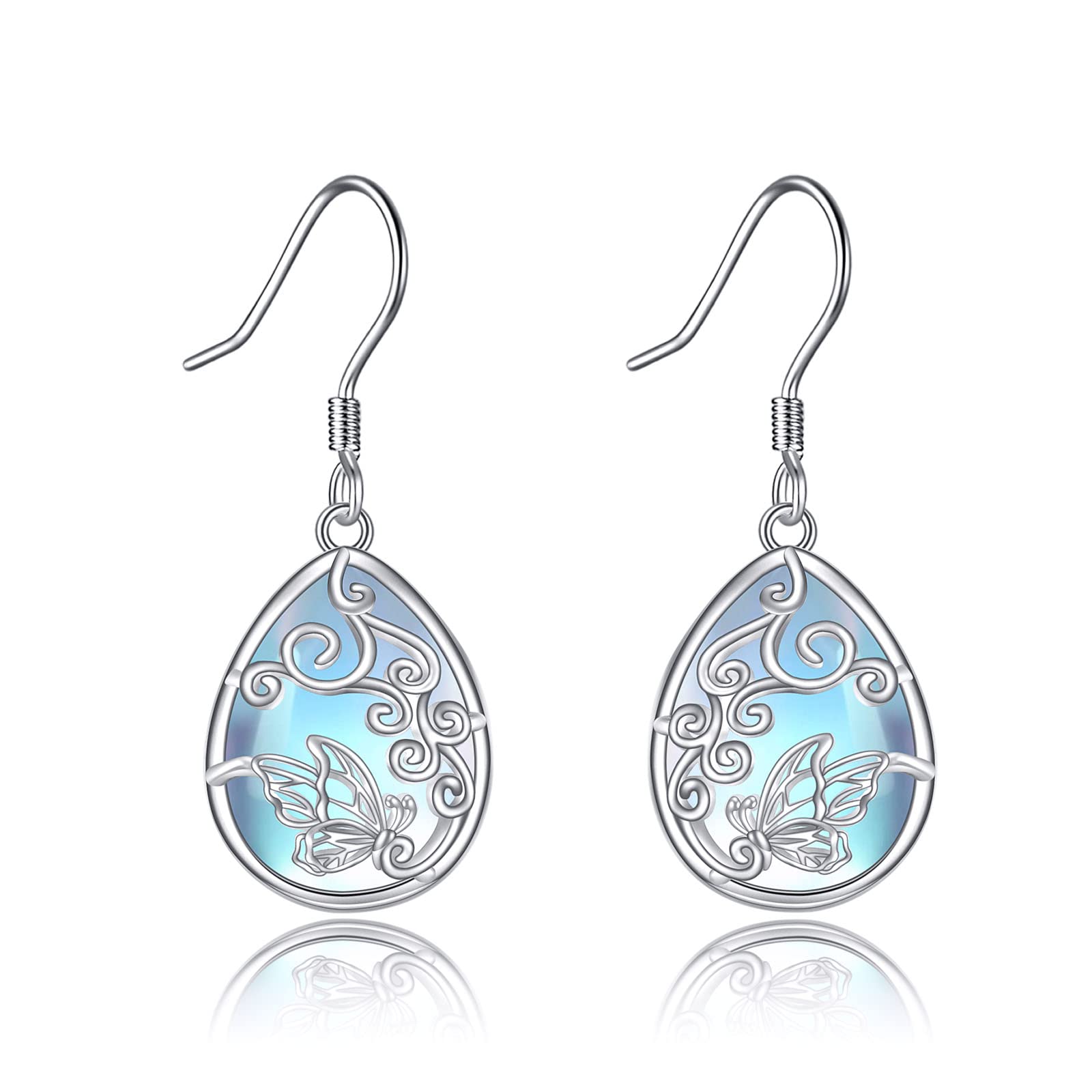 Butterfly Earrings Sterling Silver Moonstone Filigree Teardrop Dangle Earrings Butterfly Jewelry Gifts for Women