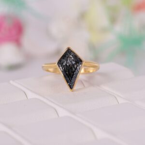 Kite Black Rutile Women Wedding Ring Yellow Gold Plated Women Solitaire Ring Bezel Set Bridal Ring Bridesmaid Jewelry Gift For Wife BY KANISHKA GEMS JEWELS