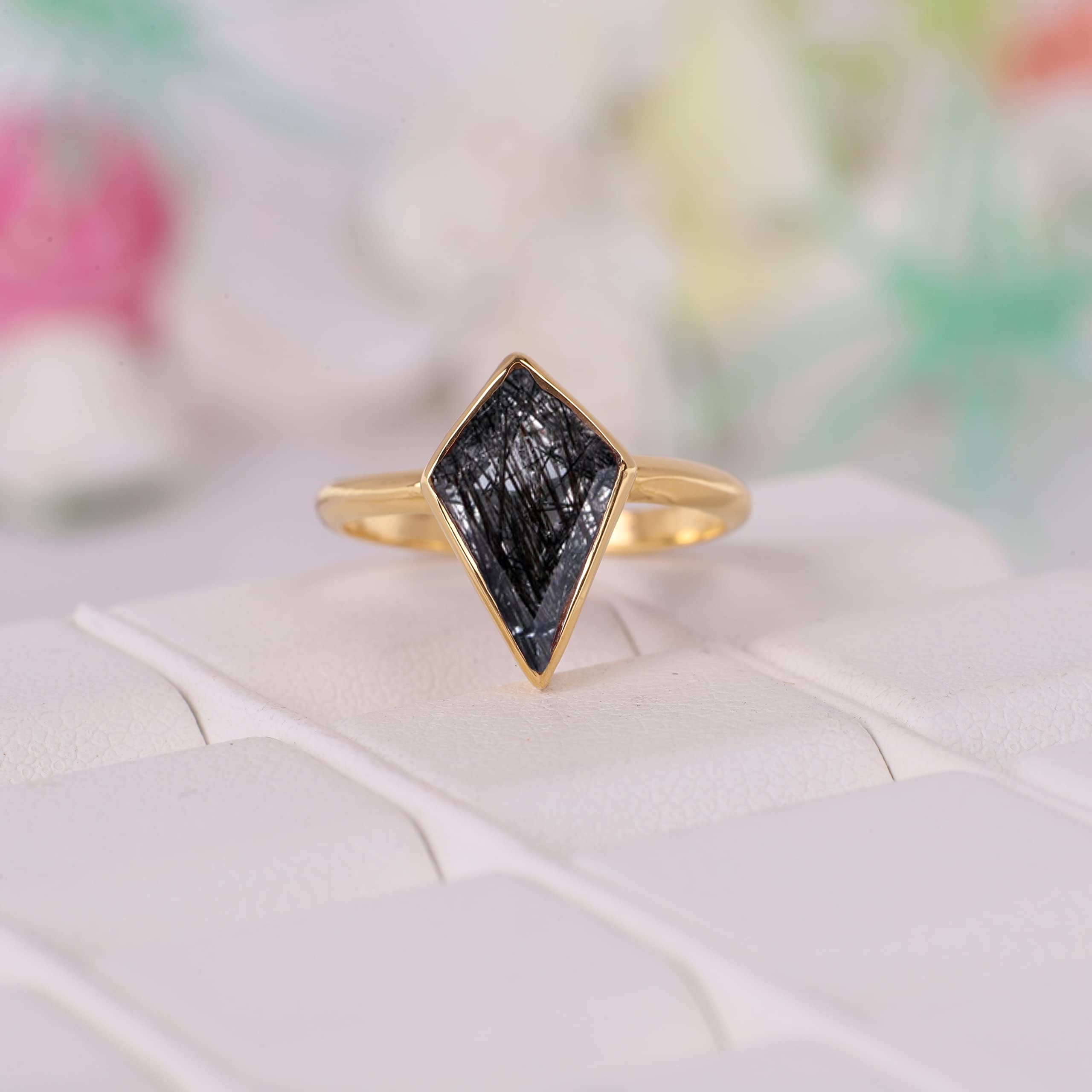 Kite Black Rutile Women Wedding Ring Yellow Gold Plated Women Solitaire Ring Bezel Set Bridal Ring Bridesmaid Jewelry Gift For Wife BY KANISHKA GEMS JEWELS