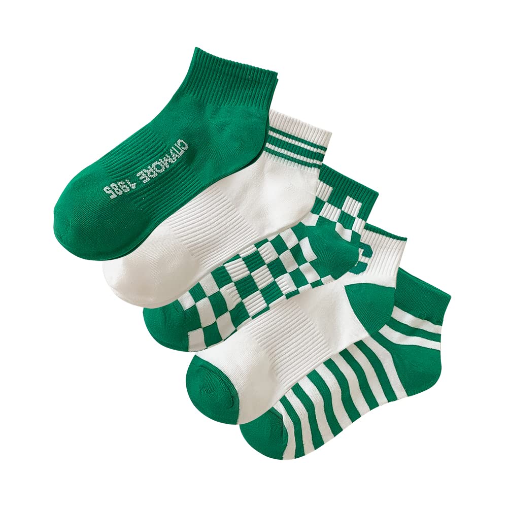 Xhonp 5 Pairs Cute Big C Letter Crew Socks Checkerboard Socks Striped Socks for Women Socks (Short-Length Green)