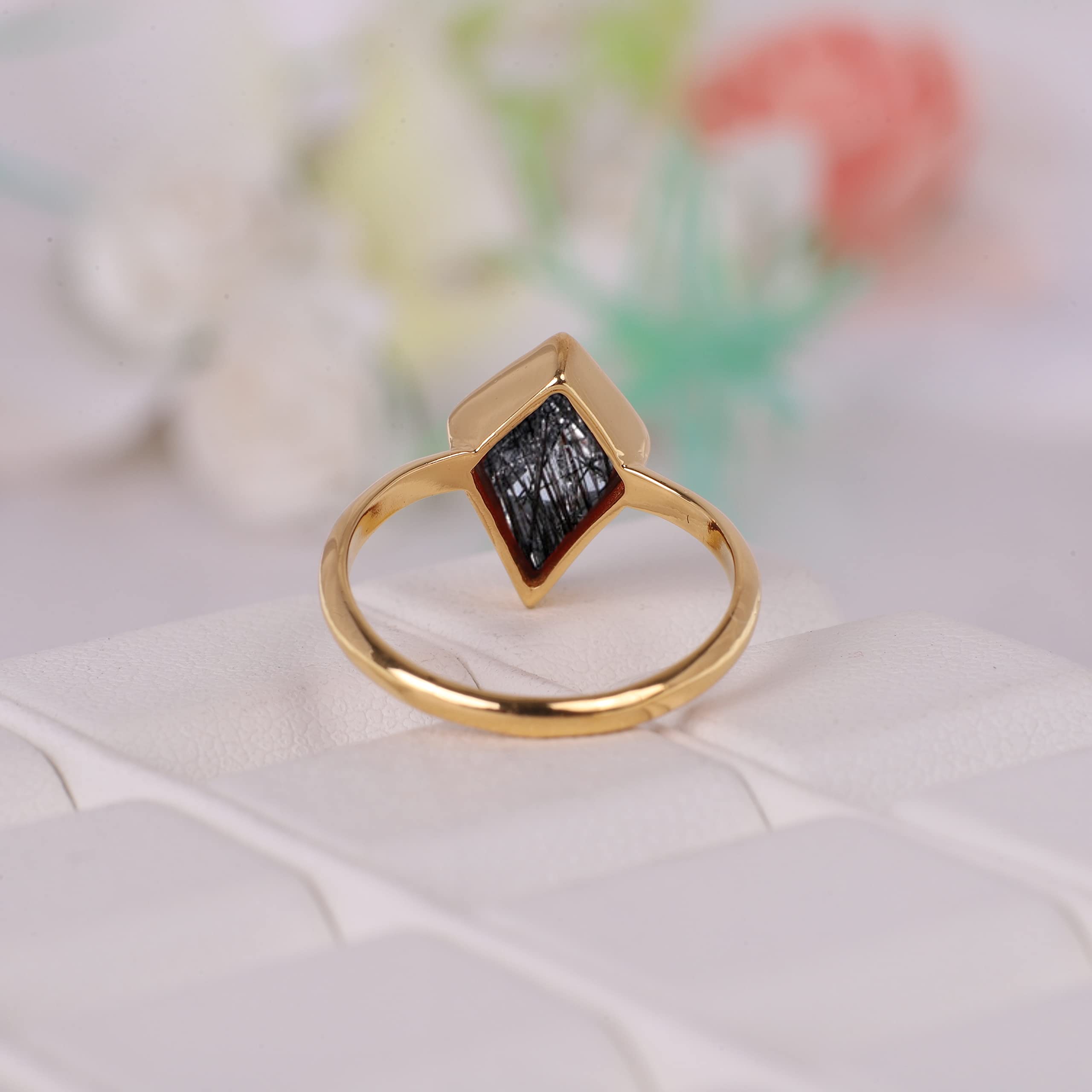 Kite Black Rutile Women Wedding Ring Yellow Gold Plated Women Solitaire Ring Bezel Set Bridal Ring Bridesmaid Jewelry Gift For Wife BY KANISHKA GEMS JEWELS