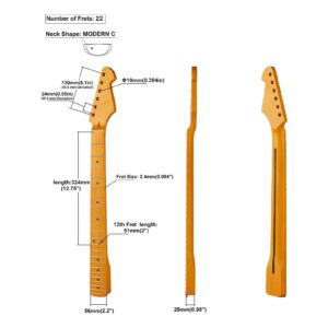 22fret Yellowish Matte Electric Guitar Neck ST Canadian Maple Electric Guitar Neck, Cow Bone Nut 9.5inch