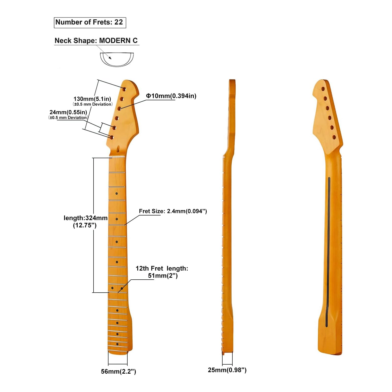 22fret Yellowish Matte Electric Guitar Neck ST Canadian Maple Electric Guitar Neck, Cow Bone Nut 9.5inch