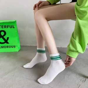 Xhonp 5 Pairs Cute Big C Letter Crew Socks Checkerboard Socks Striped Socks for Women Socks (Short-Length Green)