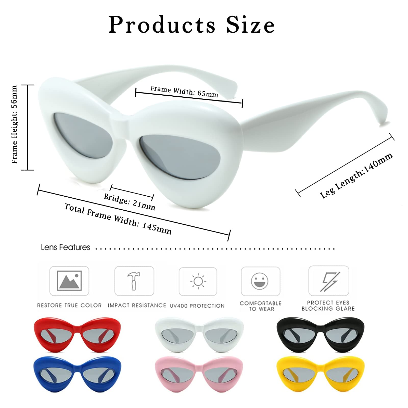 Long Keeper Sexy Lip Sunglasses - Unique Women Thick Frame Cat Eye Candy Color Punk Sun Glasses UV400 (White)