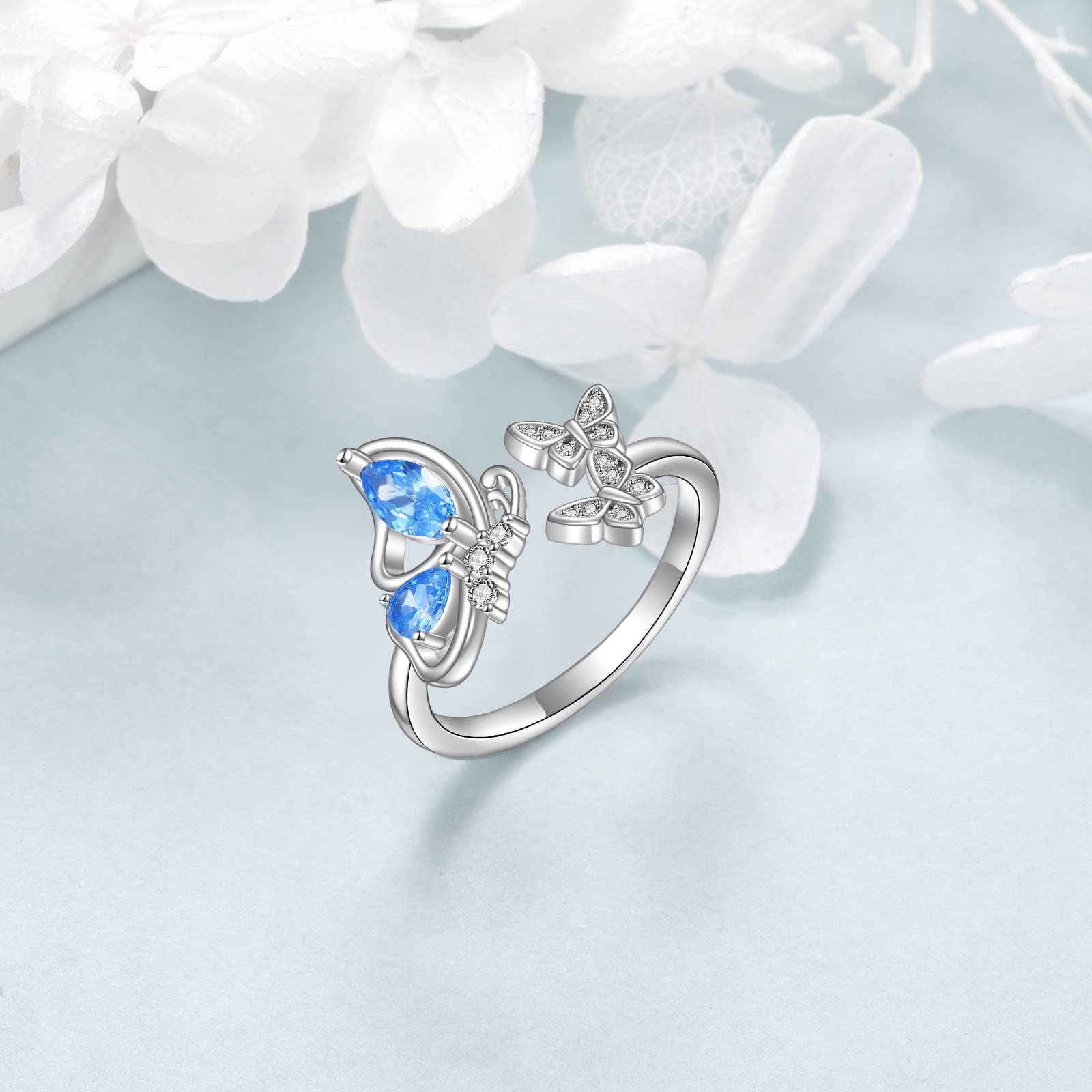 VONALA Butterfly Ring 925 Sterling Silver Blue Butterfly Open Ring Stackable Adjustable Ring Butterfly Jewelry Gift for Women