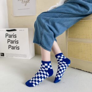 Xhonp 5 Pairs Cute Big C Letter Crew Socks Checkerboard Socks Striped Socks for Women Socks (Short-Length Blue)